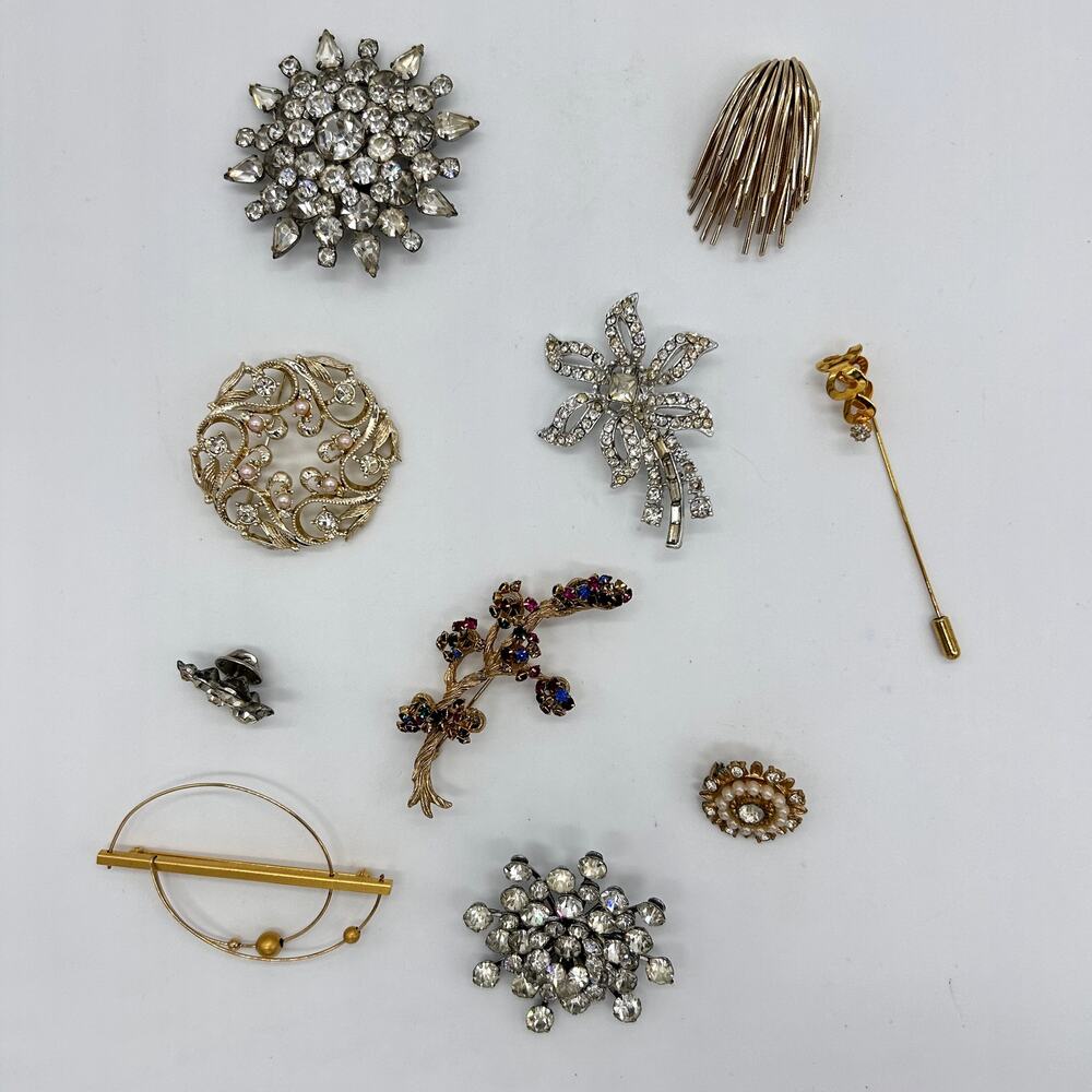 Vintage Brooch Lot Pin Broach Bundle Costume Jewelry Gold Tone Floral Rhinestone